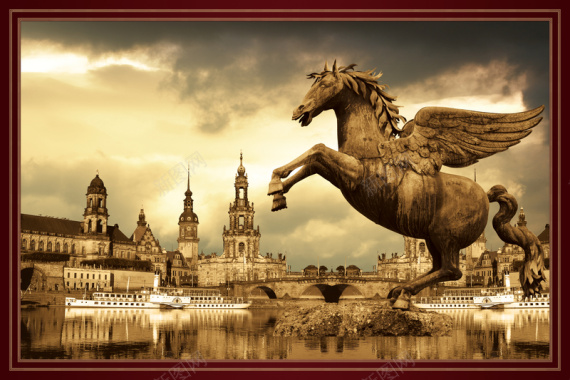 欧式花边框边框欧式建筑雕塑飞马背景摄影图片