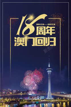 热烈庆祝中国澳门回归蓝色炫彩大气城市夜景纪念海报高清图片
