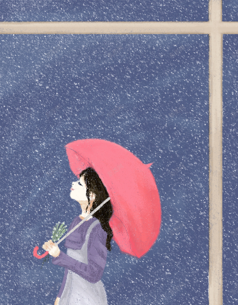 手绘蓝色夜晚人物海报psd设计背景_新图网 https://ixintu.com 人物 夜空 女孩 手绘 插画 撑着雨伞的女孩 窗 蓝色