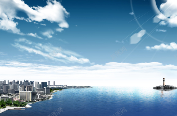 滨海城市蓝天白云海报背景背景
