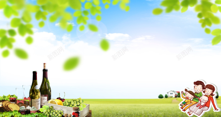 春天蓝天草地野餐自驾游海报背景背景