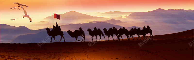 沙漠风情背景psd_新图网 https://ixintu.com 人类 摄影 沙漠 海报banner 白鸽 红旗 阳光 风景 骆驼