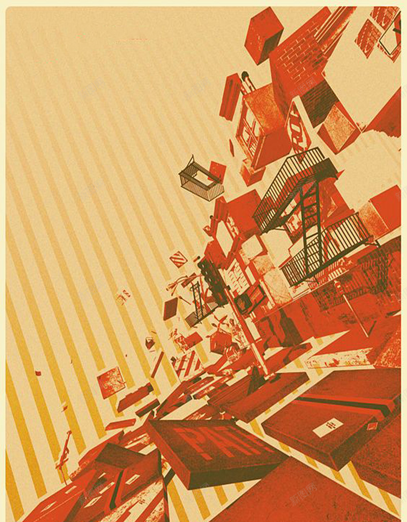 杂乱的街头海报psd设计背景_新图网 https://ixintu.com 商铺 手绘 楼房 楼梯 橘红色 欧式 窗户 纹理 线条 街头