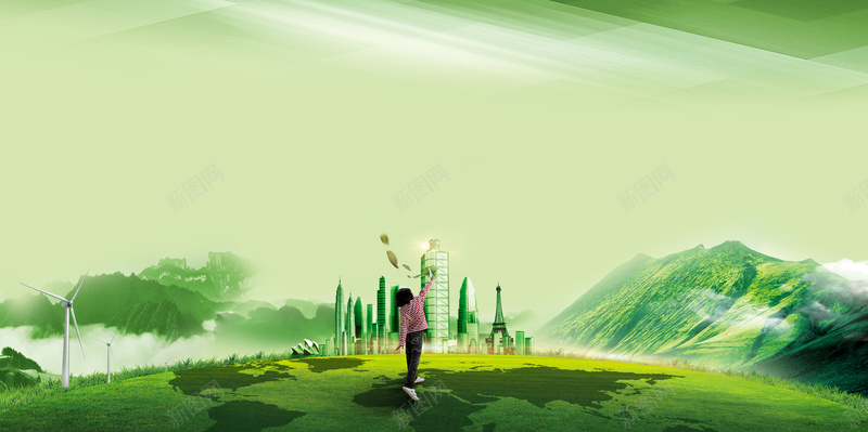 绿色大气背景psd_新图网 https://ixintu.com 保护环境 城市 小女孩 山峰 摄影 纸飞机 绿色 草坪 风景