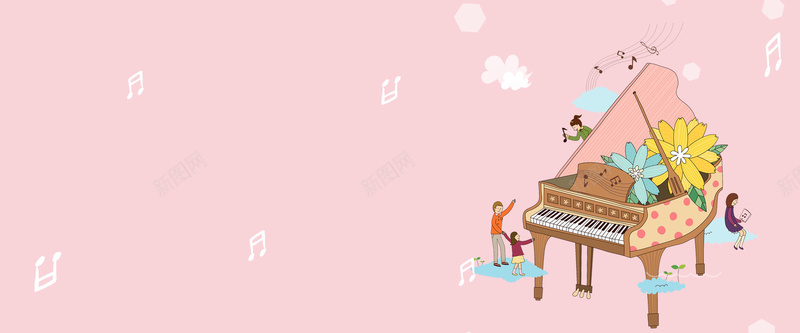 钢琴辅导班粉色卡通bannerpsd设计背景_新图网 https://ixintu.com 云朵 卡通 小孩 手绘 漂浮 粉色 花朵 辅导班 钢琴 音符