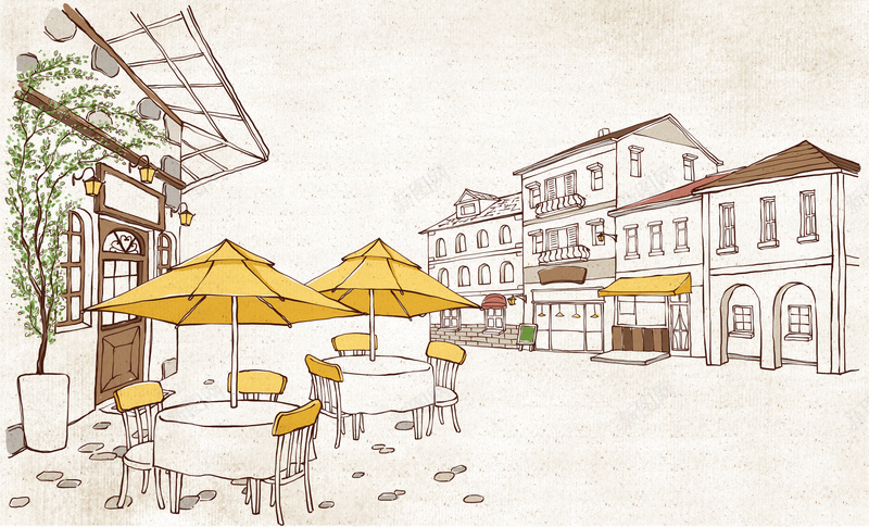 手绘城市街角咖啡馆psd设计背景_新图网 https://ixintu.com 卡通 手绘 童趣