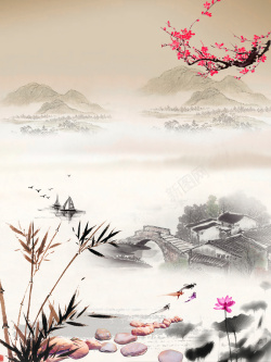 中国树枝画画黑白黑白古风山水树枝水墨中国风风景背景高清图片