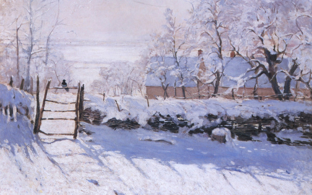 油画阳光下的雪景人家背景摄影图片
