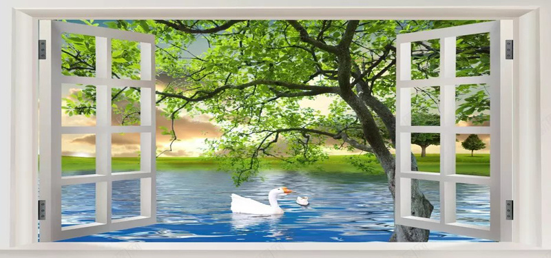 窗外美景jpg_新图网 https://ixintu.com 大树 天鹅 摄影 海报banner 清澈的河水 白色窗户 绿树 远处的绿草坪 风景