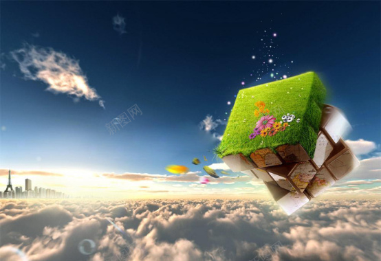 魔方体创意云层上视觉梦幻魔方摄影图片