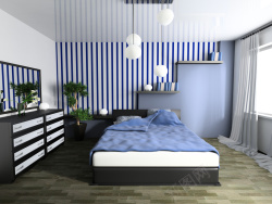 蓝色条纹床灯卧室条纹壁纸装修效果高清图片