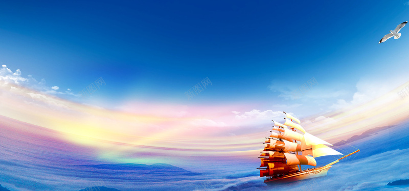 蓝色大海帆船天空背景背景