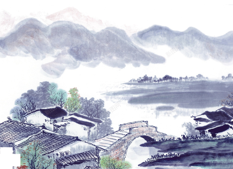 中国风水墨山水挂画jpg设计背景_新图网 https://ixintu.com 中国风 云雾 国画 山水 房屋 挂画 水墨 江南