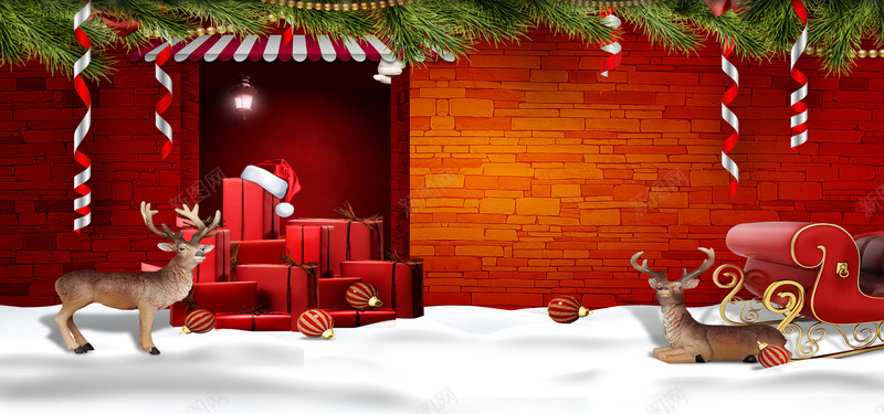 欧式圣诞节红色狂欢背景psd设计背景_新图网 https://ixintu.com 圣诞帽 圣诞节 小鹿 激情 狂欢背景 砖墙 礼物盒 红色