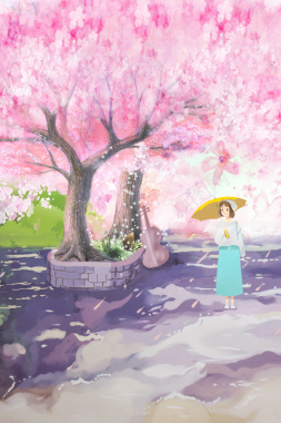 梦幻樱花树下的女孩背景