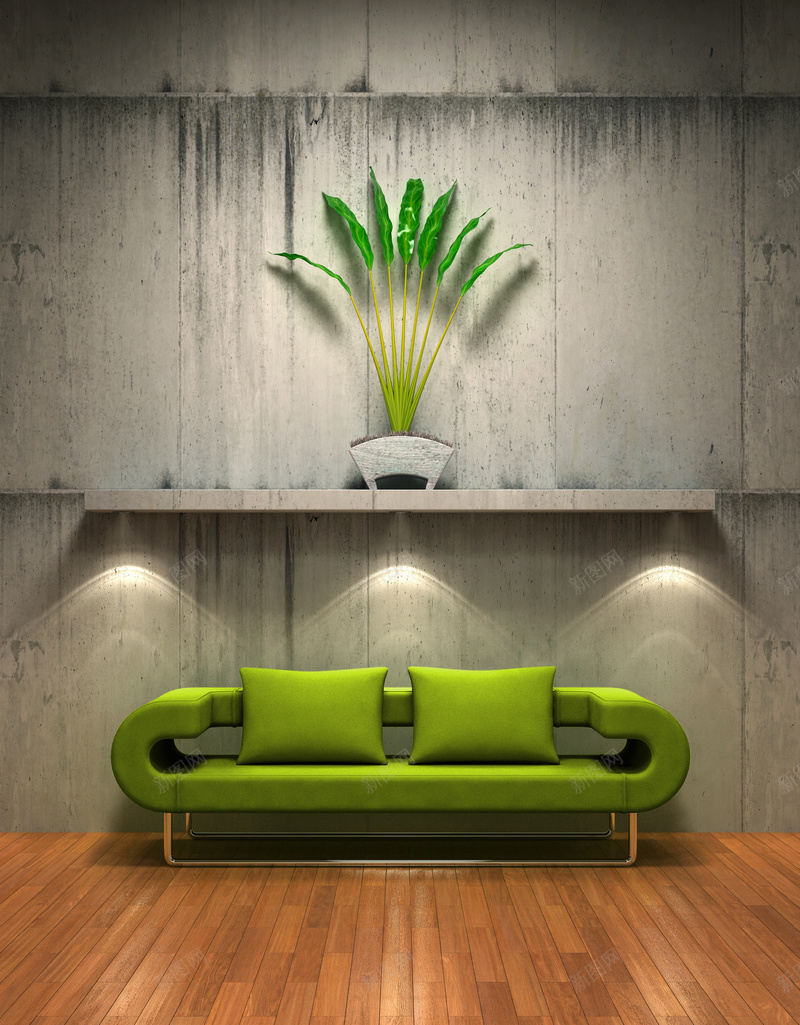 绿色沙发木地板jpg设计背景_新图网 https://ixintu.com 墙壁 墙面 室内 木地板 沙发 灯光 空间 绿色 置物架 花盆