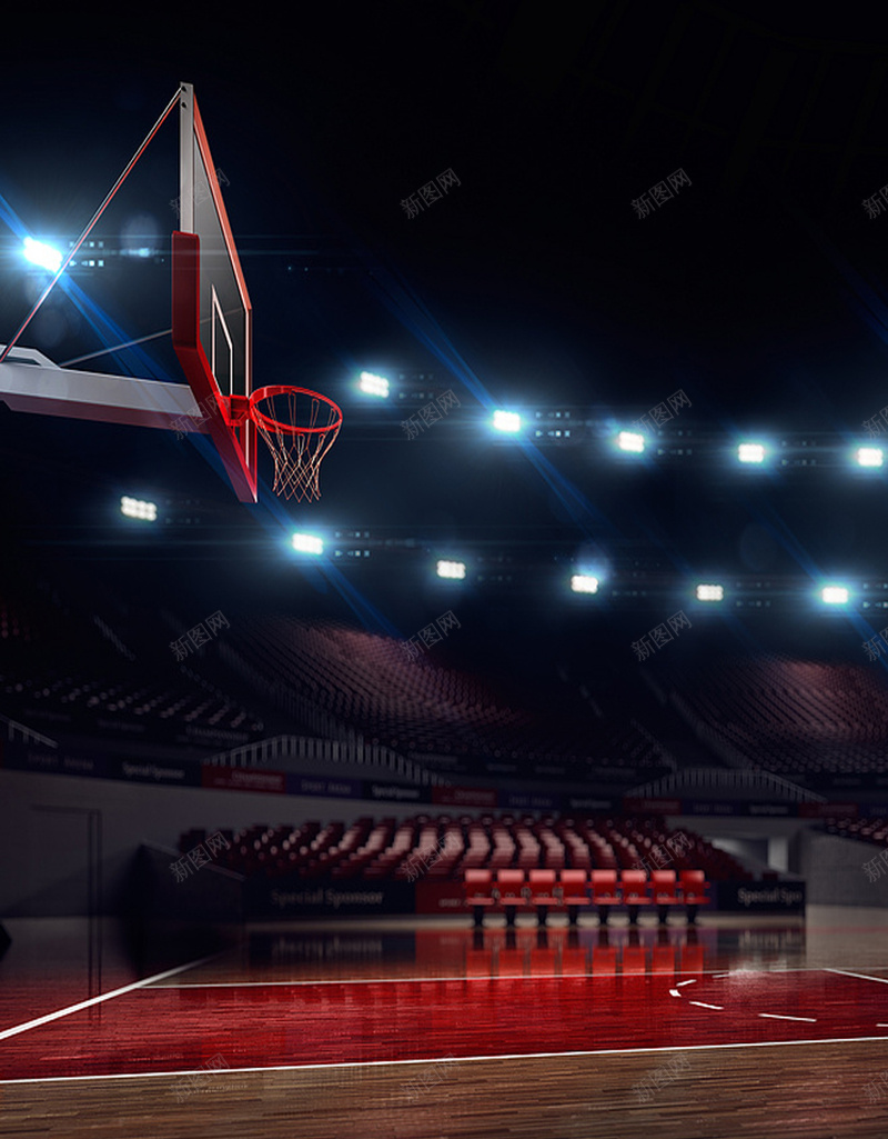 篮球场摄影H5jpg_新图网 https://ixintu.com 场地 摄影 灯光 篮球场 篮球架 观众席 运动 风景