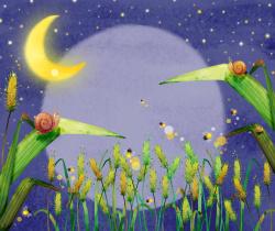梦幻蜗牛卡通手绘夏夜景色背景高清图片