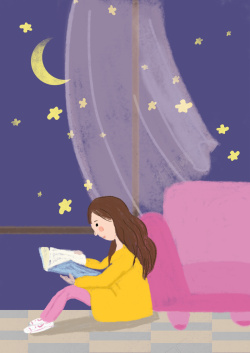夜晚读书手绘正在读书的女孩海报高清图片