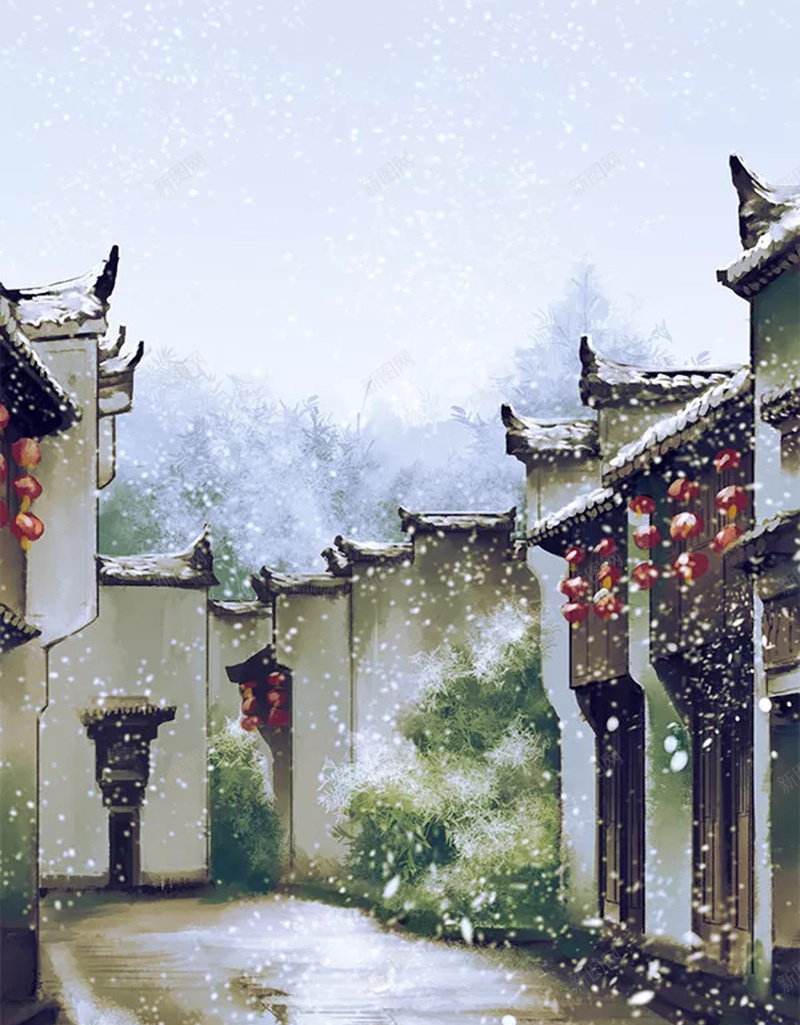 下着雪的江南水乡psd设计背景_新图网 https://ixintu.com 下雪 中国风 冬季 古建筑 复古 水乡 江南 灯笼 纷飞