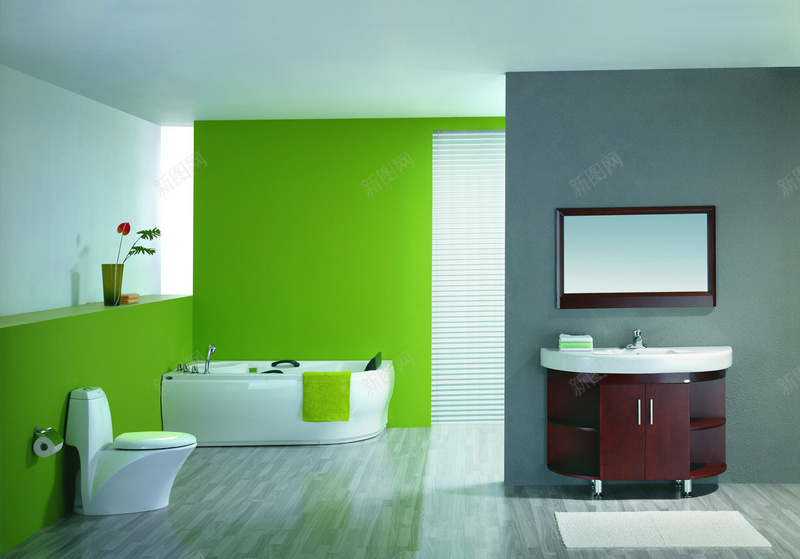 清新绿色浴室装修jpg设计背景_新图网 https://ixintu.com 柜子 浴室 浴缸 清新 绿色 绿色墙漆 花朵 花瓶 镜子 马桶