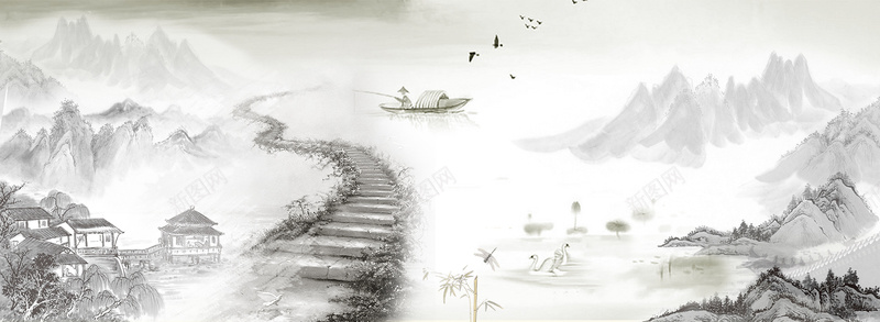 中国风山水画水墨画意境海报背景背景