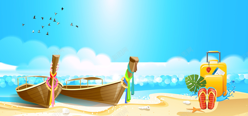 海边度假帆船文艺行李箱卡通蓝色背景背景