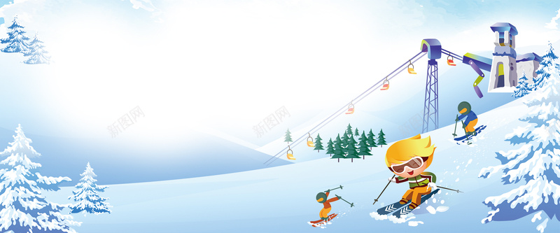 卡通滑雪者手绘蓝色banner背景
