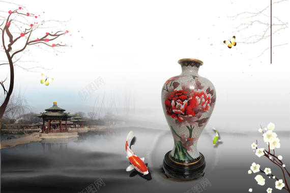 中国风亭子水塘瓷器水墨背景背景