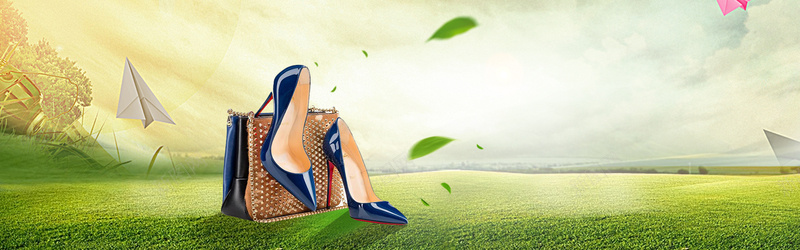 秋季女鞋大促销绿叶景色绿色背景背景