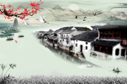 古建筑房山水墨画海报高清图片