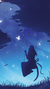 夜空下荡秋千的女孩插画H5背景背景