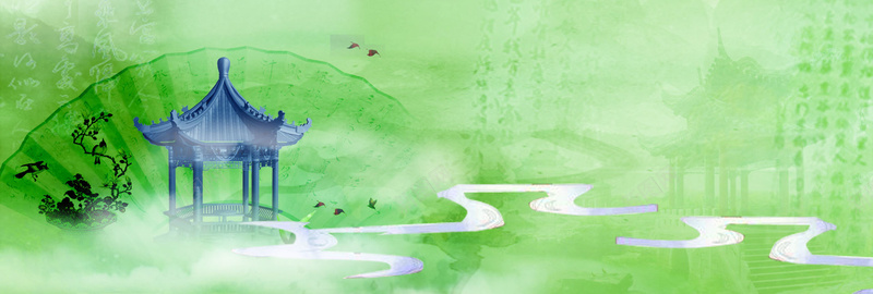 中式古风亭子烟雾扇子绿色背景背景