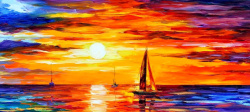 夕阳油画手绘油画海上的小帆船背景banner高清图片