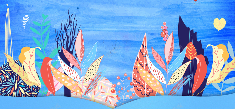 盛夏文艺手绘叶子动漫风纹理蓝色背景背景