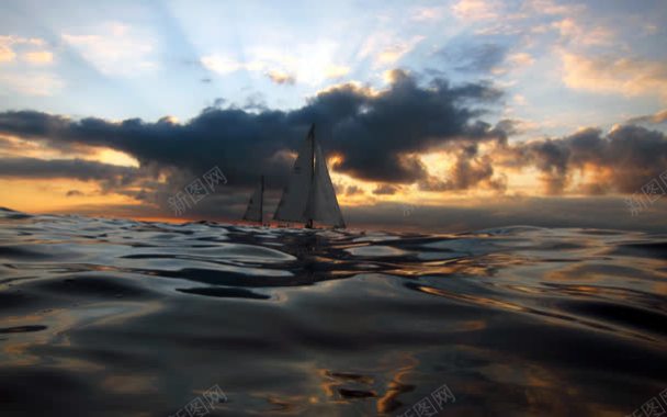 黄昏海面帆船海报背景背景