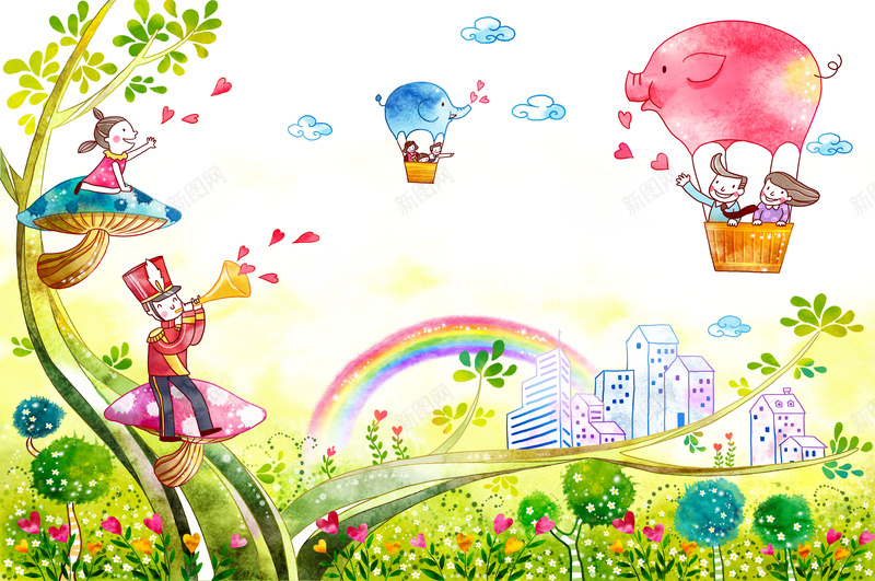 手绘卡通儿童乐园节日背景psd设计背景_新图网 https://ixintu.com 儿童乐园 六一儿童节 学校 孩子上学 开心 彩虹 快乐儿童 树木 梦幻乐园 气球 氢气球 草地 高楼 鸟儿
