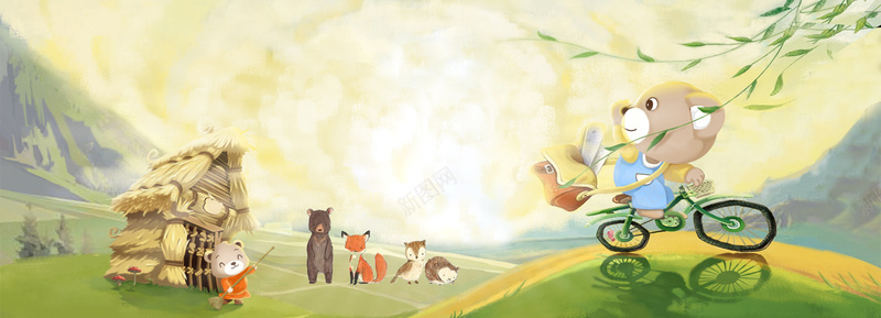 夏季文艺森林动物聚会卡通黄色背景背景