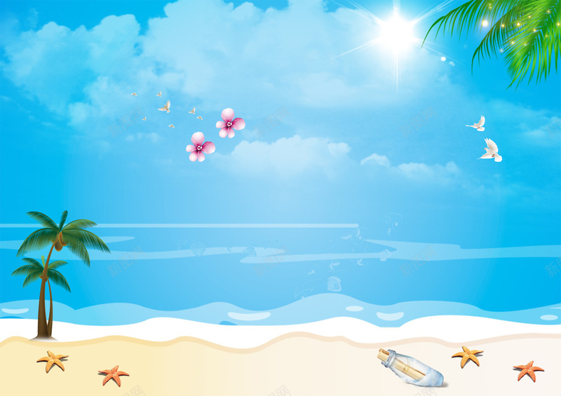 激情夏日蓝色背景psd设计背景_新图网 https://ixintu.com 夏天 夏日 天空 手绘 新品 椰子树 沙滩 海洋 清新 激情 素材 背景 花朵 蓝色