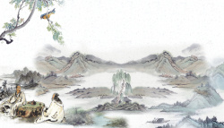 古人品茶水墨风树下品茶的古人海报背景psd高清图片