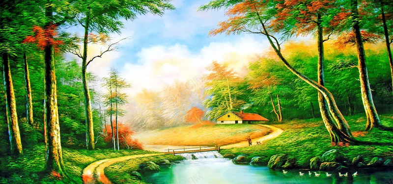 油画风景jpg设计背景_新图网 https://ixintu.com 卡通 小屋 小桥 小路 手绘 手绘画 树林 油画 海报banner 湖 溪流 童趣 绿树 风景画 鸭子