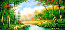 树林雕版画油画风景高清图片