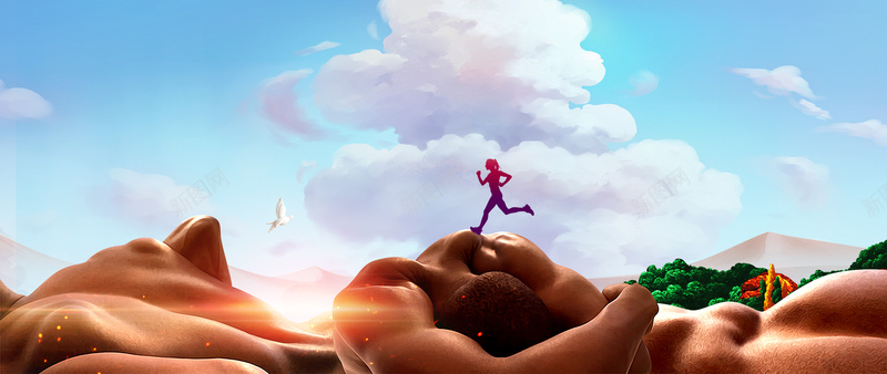 健身跑步文艺景色手绘背景背景