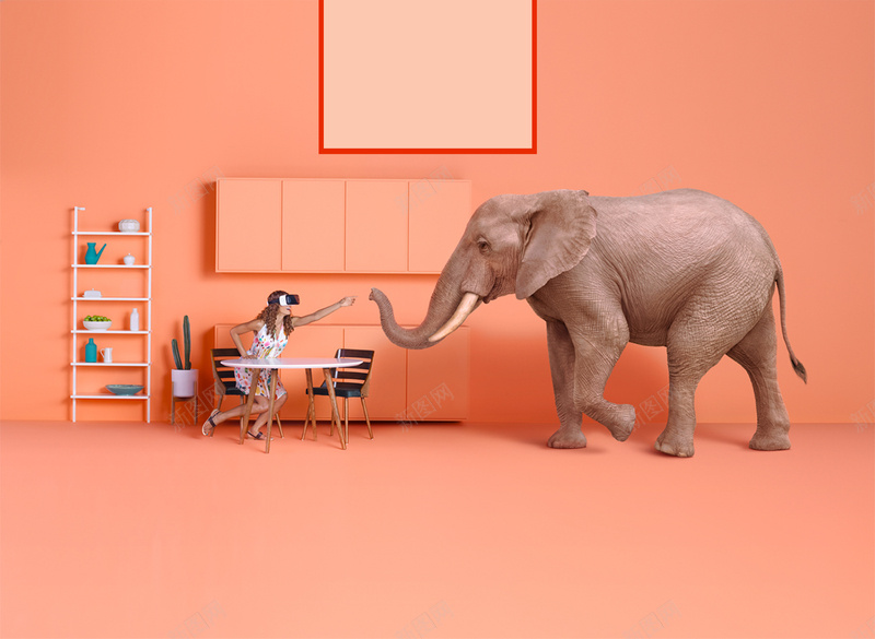 橙粉色屋子里的人与大象psd设计背景_新图网 https://ixintu.com 和谐 大象 家居 幸福 广告 店铺背景 柜子 桌子 橙粉色 活动背景 简约 美女 装潢