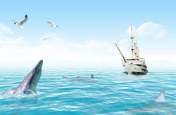 平面海豚海豚跳跃的海平面背景高清图片