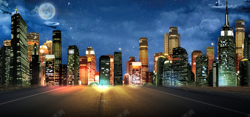 在线客服元素banner背景图城市夜景1920x900摄影图片