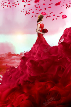 新娘婚纱礼服婚纱摄影红色浪漫大气新婚花瓣海报高清图片
