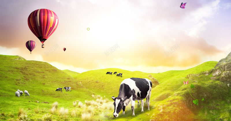 唯美自然牛奶背景psd设计背景_新图网 https://ixintu.com 健康 唯美 奶牛 奶粉 梦幻 浪漫 热气球 牛奶 背景 自然 草原