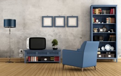 电视机背景墙蓝色沉稳卧室陈列架摆放高清图片