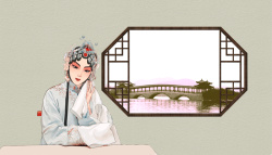 简约小桥中国风古典京剧人物青色背景高清图片